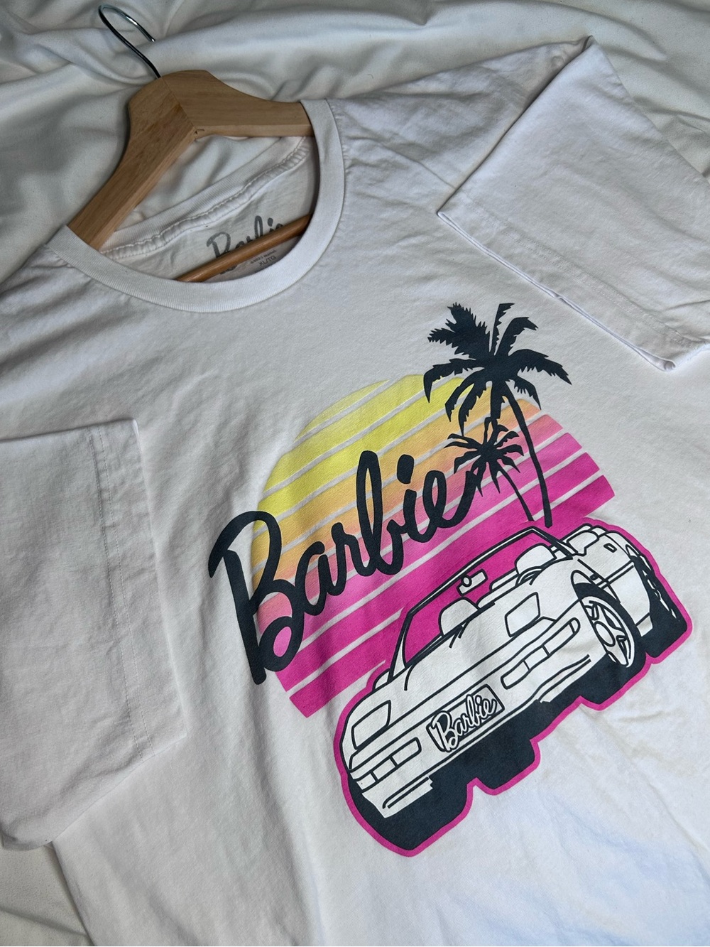Official Barbie Tee by Mattel White Tee with Pink & Yellow Sunset Graphic